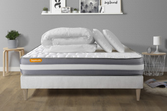 Pack lit complet 180x200 cm - Matelas + Sommier Blanc (en kit) + 2 oreillers + Couette - Memo Plus