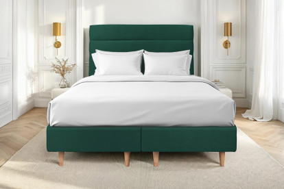 Lit 2x 90x200 cm - Sommier tapissier H35 cm + tête de lit à lignes - Tissu Velours Vert
