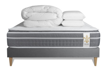Pack lit complet 140x190 cm - Matelas + Sommier Gris (en kit) + 2 oreillers + Couette - Trente PLUS