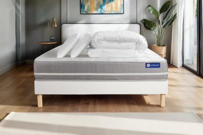 Pack lit complet 140x190 cm - Matelas + Sommier Blanc (en kit) + 2 oreillers + Couette - Actimemo Touch