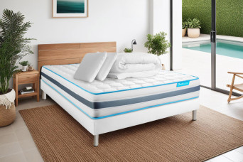 Pack lit complet 160x200 cm - Matelas + Sommier Blanc (en kit) + 2 oreillers + Couette - BodyFlex Pack lit complet 160x200 cm - Matelas + Sommier Blanc (en kit) + 2 oreillers + Couette - BodyFlex