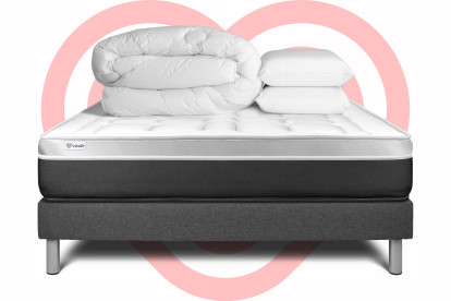 Pack lit complet 180x200 cm - Matelas + Sommier Gris (en kit) + 2 oreillers + Couette - Vital Soft