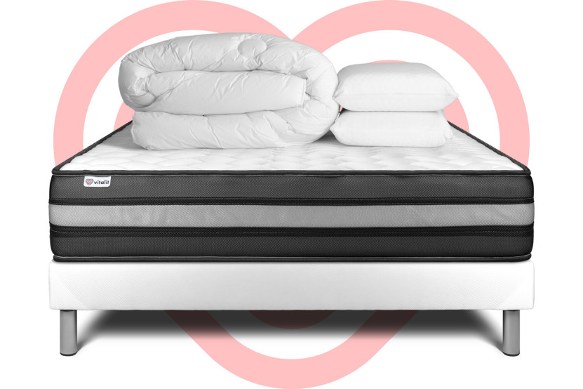 Pack lit complet 140x200 cm - Matelas + Sommier Blanc (en kit) + 2 oreillers + Couette - Vital Power Zen