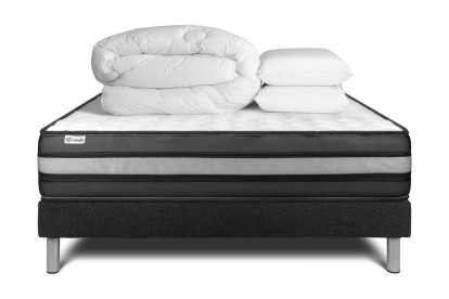 Pack lit complet 160x200 cm - Matelas + Sommier Noir (en kit) + 2 oreillers + Couette - Vital Power Zen