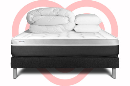 Pack lit complet 140x190 cm - Matelas + Sommier Noir (en kit) + 2 oreillers + Couette - Vital Soft
