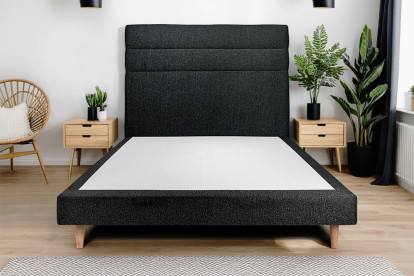 Lit 135x190 cm - Sommier tapissier H29 cm + tête de lit à lignes - Tissu Bouclette Noir