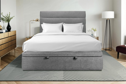 Lit coffre 180x200 cm avec Tête de lit à lignes - Tissu Toile natté Gris Anthracite