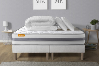Pack lit complet 160x200 cm - Matelas + 2 Sommiers Blancs + 2 oreillers + Couette - Memo Spring Pack lit complet 160x200 cm - Matelas + 2 Sommiers Blancs + 2 oreillers + Couette - Memo Spring