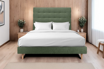 Lit 160x200 cm - Sommier tapissier H29 cm + tête de lit capitonnée - Tissu Toile natté Vert Kaki
