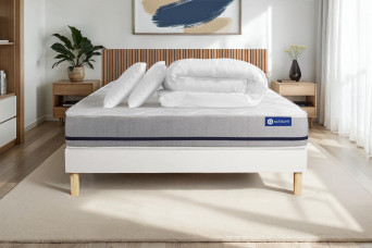 Pack lit complet 160x200 cm - Matelas + Sommier Blanc (en kit) + 2 oreillers + Couette - Actiflex Soft