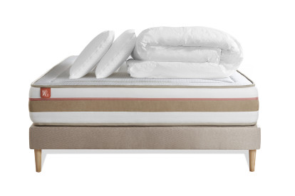 Pack lit complet 160x200 cm - Matelas + Sommier Beige + 2 oreillers + Couette - Le Tendre