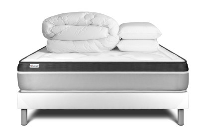 Pack lit complet 140x190 cm - Matelas + Sommier Blanc (en kit) + 2 oreillers + Couette - Vital Ergo