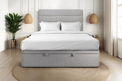 Lit coffre 200x200 cm avec Tête de lit à lignes - Tissu Bouclette Gris