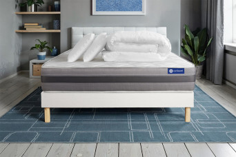 Pack lit complet 140x190 cm - Matelas + Sommier Blanc (en kit) + 2 oreillers + Couette - Actimemo Relax