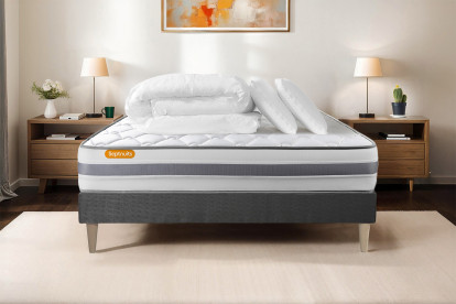 Pack lit complet 160x200 cm - Matelas + Sommier Gris (en kit) + 2 oreillers + Couette - Memo Spring