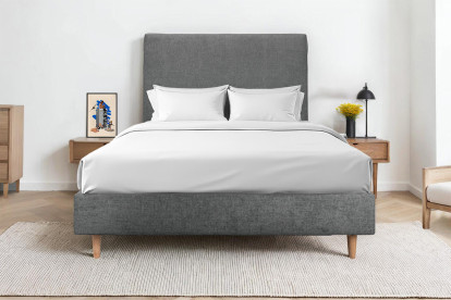Lit 140x190 cm - Sommier tapissier H35 cm + tête de lit tapissée - Tissu Toile natté Gris Anthracite