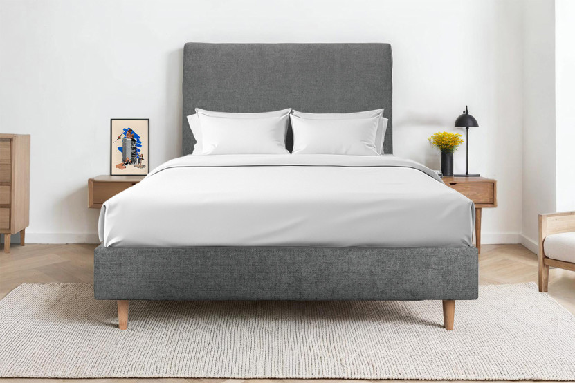 Lit 140x190 cm avec Tête de lit tapissée - Tissu Toile natté