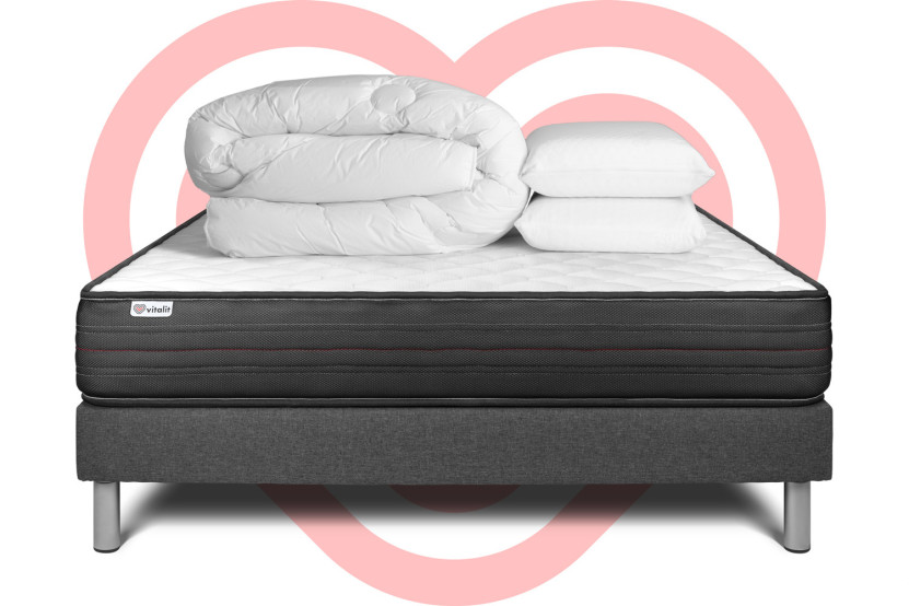 Pack lit complet 160x200 cm - Matelas + Sommier Gris (en kit) + 2 oreillers + Couette - Vitalpower