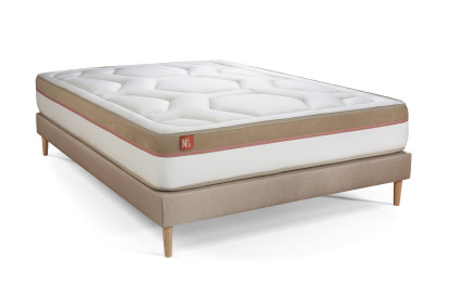 Pack lit complet 140x200 cm - Matelas + Sommier Beige (en kit) + 2 oreillers + Couette - Le Cosy