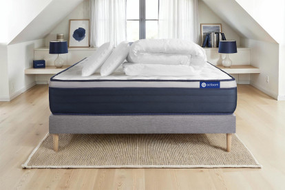Pack lit complet 140x190 cm - Matelas + Sommier Gris (en kit) + 2 oreillers + Couette - Actiflex Max