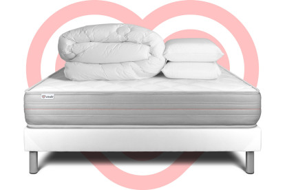 Pack lit complet 180x200 cm - Matelas + Sommier Blanc (en kit) + 2 oreillers + Couette - Vitalmemo