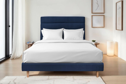 Lit 135x190 cm - Sommier tapissier H29 cm + tête de lit à lignes - Tissu Velours Bleu Océan