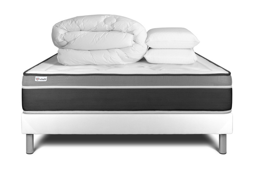 Pack lit complet 140x190 cm - Matelas + Sommier Blanc (en kit) + 2 oreillers + Couette - Vital Care