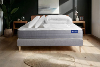 Pack lit complet 140x200 cm - Matelas + Sommier Gris (en kit) + 2 oreillers + Couette - Actiflex Dream
