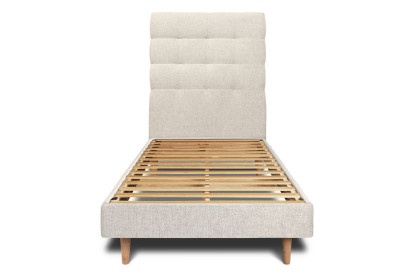 Lit 90x200 cm - Sommier à lattes H29 cm + tête de lit capitonnée - Tissu Toile natté Beige Clair