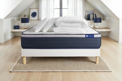 Pack lit complet 180x200 cm - Matelas + Sommier Blanc (en kit) + 2 oreillers + Couette - Actiflex Max