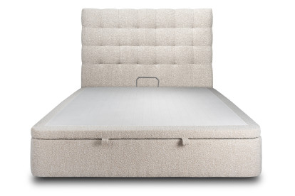 Lit coffre 200x200 cm avec Tête de lit capitonnée - Tissu Bouclette Beige Clair