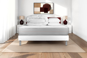 Pack lit complet 160x200 cm - Matelas + Sommier Blanc (en kit) + 2 oreillers + Couette - Vitalmemo