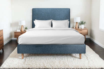 Lit 140x190 cm - Sommier tapissier H35 cm + tête de lit tapissée - Tissu Bouclette Bleu