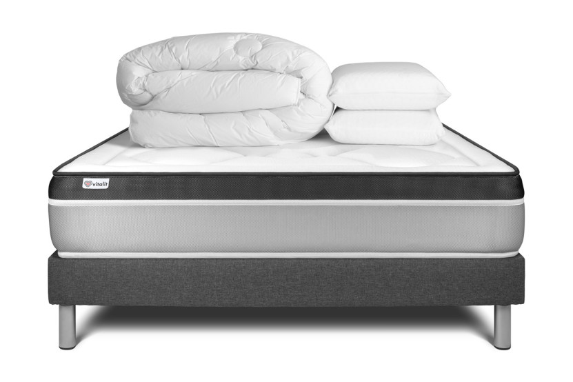 Pack lit complet 160x200 cm - Matelas + Sommier Gris (en kit) + 2 oreillers + Couette - Vital Ergo