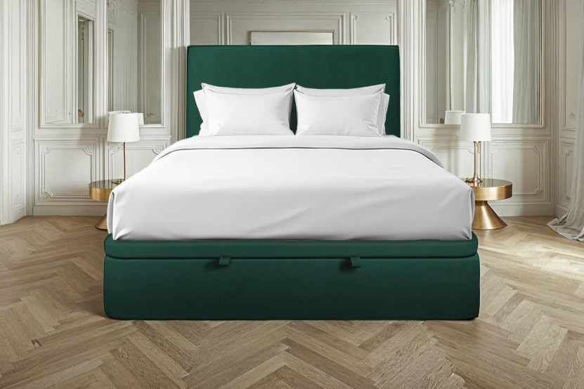 Lit coffre 180x200 cm avec Tête de lit tapissée - Tissu Velours