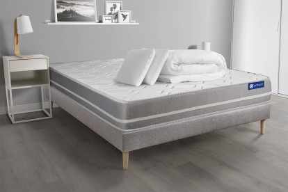 Pack lit complet 160x200 cm - Matelas + Sommier Gris (en kit) + 2 oreillers + Couette - Actimemo Touch