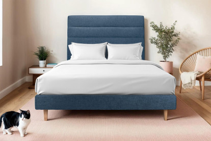 Lit 135x190 cm - Sommier tapissier H29 cm + tête de lit à lignes - Tissu Toile natté Bleu Océan