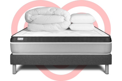 Pack lit complet 180x200 cm - Matelas + Sommier Gris (en kit) + 2 oreillers + Couette - Vital Ergo