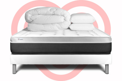 Pack lit complet 140x190 cm - Matelas + Sommier Blanc (en kit) + 2 oreillers + Couette - Vital Soft