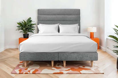 Lit 2x 80x200 cm - Sommier tapissier H29 cm + tête de lit à lignes - Tissu Toile natté Gris Anthracite