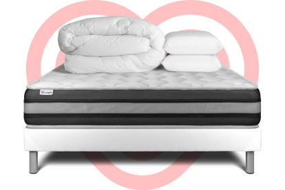 Pack lit complet 140x190 cm - Matelas + Sommier Blanc (en kit) + 2 oreillers + Couette - Vitalspring Zen