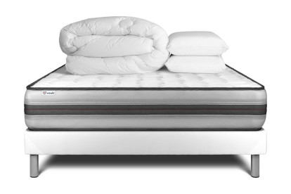 Pack lit complet 160x200 cm - Matelas + Sommier Blanc (en kit) + 2 oreillers + Couette - Vitalpower Recover