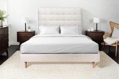 Lit 160x200 cm - Sommier tapissier H29 cm + tête de lit capitonnée - Tissu Bouclette Beige Clair