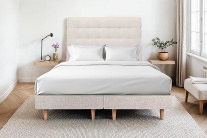 Lit 160x200 cm - Sommier tapissier H29 cm + tête de lit capitonnée - Tissu Toile natté Beige Clair
