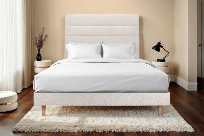 Lit 140x200 cm - Sommier à lattes H29 cm + tête de lit à lignes - Tissu Toile natté Beige Clair