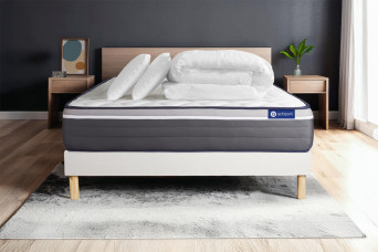 Pack lit complet 180x200 cm - Matelas + Sommier Blanc (en kit) + 2 oreillers + Couette - ActiMemo Plus