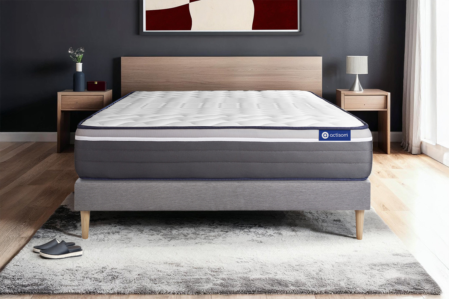 Ensemble Matelas Sommier 200x200 Cm Sommier Gris En Kit Actilatex