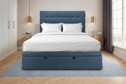 Lit coffre 140x200 cm avec Tête de lit capitonnée - Tissu Toile natté Bleu Océan