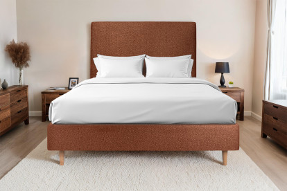 Lit 150x190 cm - Sommier tapissier H35 cm + tête de lit tapissée - Tissu Bouclette Terracotta