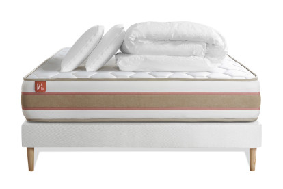 Pack lit complet 140x190 cm - Matelas + Sommier Blanc + 2 oreillers + Couette - Le Délicat